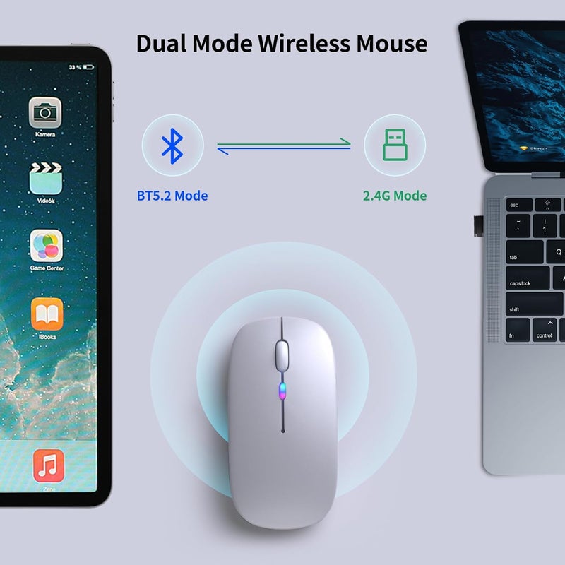 KANMABPC Wireless Bluetooth Mouse – Rechargeable, Silent, Dual Mode (Bluetooth 5.2 & USB) with LED Lights – Portable for Laptop, Desktop, & Tablet(Silver) - Image 4